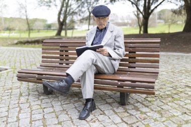 Yaşlı profesör parkta bir bankta otururken kitap okumaya konsantre oluyor.