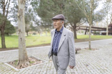 Yaşlı adam gri takım elbiseli ve düz şapkalı. Huzurlu bir park ortamında geziniyor.