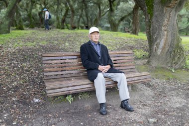 Yaşlı adam parktaki bankta huzurlu bir anın tadını çıkarıyor, doğanın huzurunu kucaklıyor.