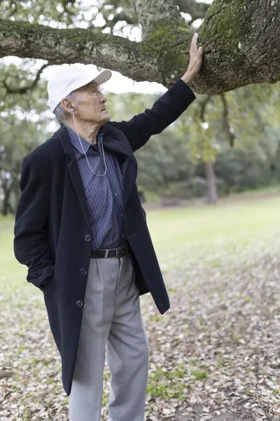 Kulaklık ve şapka takan yaşlı profesör, parkta emekliliğin tadını çıkarıyor, bir ağaç dalına dokunuyor.