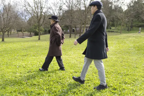 İki yaşlı adam parkta rahatça geziniyor, temiz hava ve güneş alıyor.