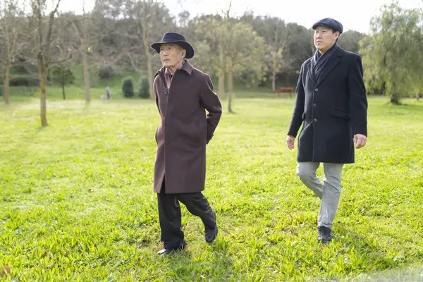 Yaşlı bir baba ve yetişkin bir oğul, aile bağlarını ve nesillerarası bağları temsil eden bir parkta keyifli bir gezinti yapıyorlar.