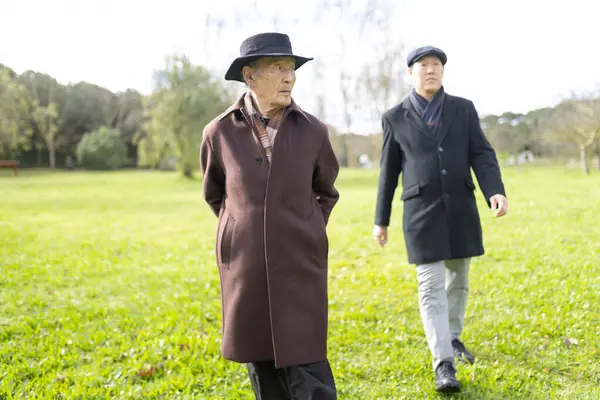 İki yaşlı Asyalı adam güneşli bir günde parkta keyifli bir gezinti yapıyorlar.