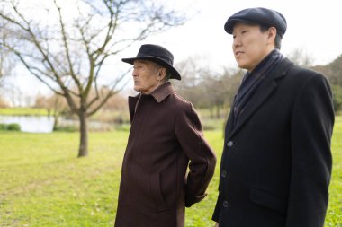 İki adam, muhtemelen baba ve oğul, huzurlu bir parkta gezintiye çıkarlar, huzurlu çevreyi takdir ederler.