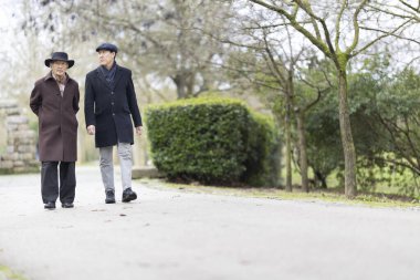 Yaşlı bir baba ve yetişkin bir oğul kış boyunca parkta birlikte yürüyüp konuşurlar.