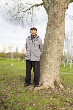 Yaşlı Asyalı bir adam parkta duruyor, büyük bir ağacın gövdesine yaslanıyor.