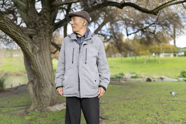 Kulaklıklı yaşlı adam yeşil bir parktaki bir ağacın altında müzik dinleyerek huzur buluyor.