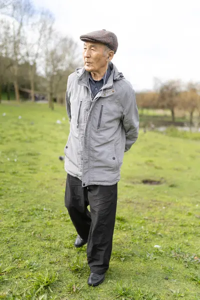 Yeşil bir parkta rahatlatıcı bir yürüyüş sırasında kulaklık takan ve müziğin keyfini çıkaran kıdemli Asyalı bir adam.