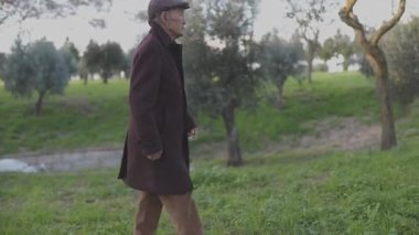 Yaşlı adam ağaçlarla çevrili huzurlu bir parkta rahatça dolaşmaktan hoşlanıyor.