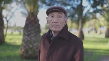 Huzurlu bir parkta sakin bir yürüyüş yapan kıdemli Asyalı adam.