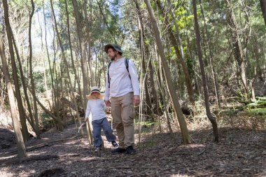 Baba ve oğul güneşli bir günde ormanda yürüyüşün tadını çıkarıyorlar.