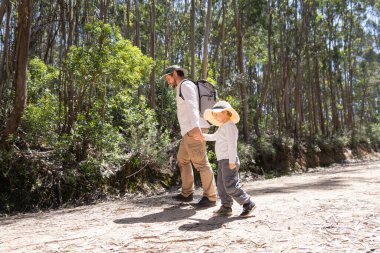 Baba ve oğul güneşli okaliptüs ormanlarında rahatça yürüyüp aile bağlarını ve açık hava maceralarını teşvik ediyorlar.