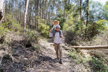 Baba ve oğul güneşli bir orman yolunda yürüyüş yapıyorlar.