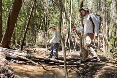 Baba ve oğul güneşli bir ormanda yürürken küçük bir dereyi dikkatle geçiyorlar.