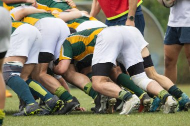 Rugby oyuncuları bir ragbi maçında tüm güçleriyle itiyorlar.