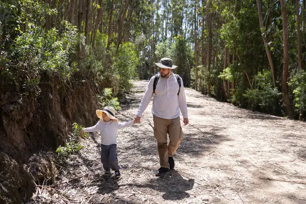 Baba ve oğul doğada yürümekten zevk alıyorlar, el ele tutuşuyorlar ve birlikte orman yolunu keşfediyorlar.