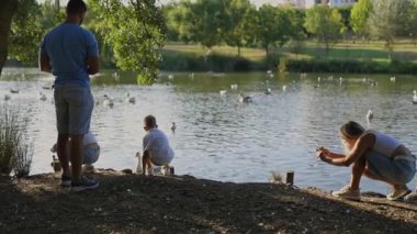 Göl parkında ördek besleyen mutlu bir aile, akıllı telefonlu bir kadın.