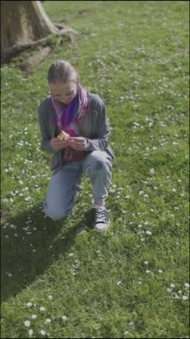 Güneşli bir bahar gününde tarlada papatya toplayan bir kız.