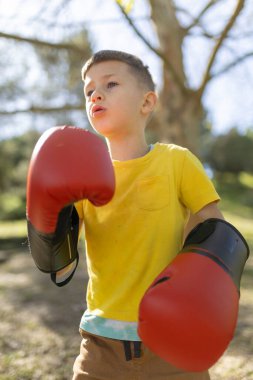 Çocuk dışarıda boks yapıyor, kırmızı boks eldiveni ve sarı tişört giyiyor, sağlıklı yaşam tarzını ve çocukluk aktivitelerini destekliyor.