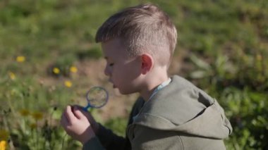 Küçük çocuk sarı çiçekleri büyüteçle inceliyor, güneşli parkta doğayı keşfediyor.