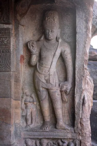 stock image Statue of Lord Vishnu , Dwarpal At Badami , Chalukya Cave , UNESCO World Heritage Site , Bagalkot , Karnataka , India