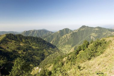 Hindistan, Uttaranchal 'daki Kaddukhal tepe istasyonundan yeşil vadi. 