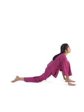 Girl practicing vanar asana on white background clipart