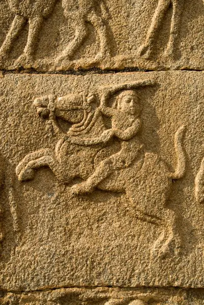 stock image Horse man statue Bas Relief in Mahanavami Dibba in Hampi, Karnataka, India.