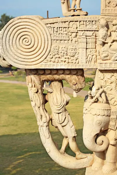 stock image Close_up of north gateway of stupa 1 inner view showing yakshi maiden hanging on western pillar, Sanchi near Bhopal, Madhya Pradesh, India.