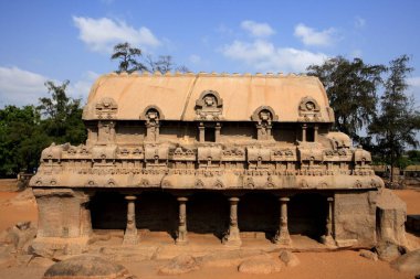 Bhima Ratha ve Pancha Rathas, Monolit kaya oyma tapınakları, Mahabalipuram, District Chengalpattu, Tamil Nadu, Hindistan UNESCO Dünya Mirası Alanı 'nı oydular.