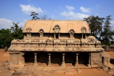 Bhima Ratha and Pancha Rathas carved Monolith rock carving temples , Mahabalipuram , District Chengalpattu , Tamil Nadu , India UNESCO World Heritage Site clipart
