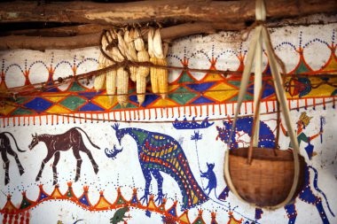 Rathwa kabilesi Pithora tablosu, Champaner Pawagadh, Panchmahal Baroda, Gujarat, Hindistan 