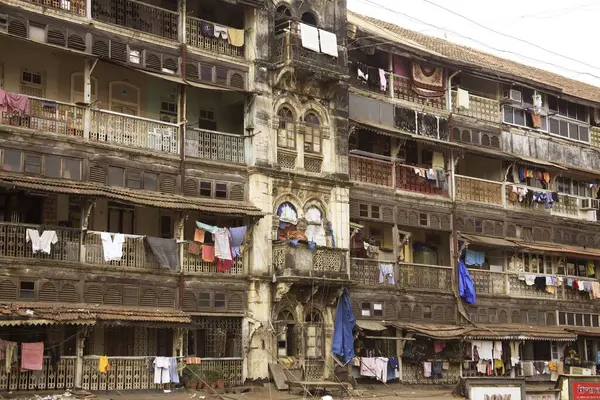 stock image Chawl Pannalal clothes drying in balcony, Bombay Mumbai, Maharashtra, India 