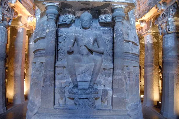 stock image Ruined Buddha statue in cave 26, Ajanta, Aurangabad, Maharashtra, India.