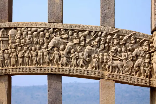 stock image Close_up view of stories of Buddha seen on centre panel inner view of western gateway of stupa 1, Sanchi near Bhopal, Madhya Pradesh, India 