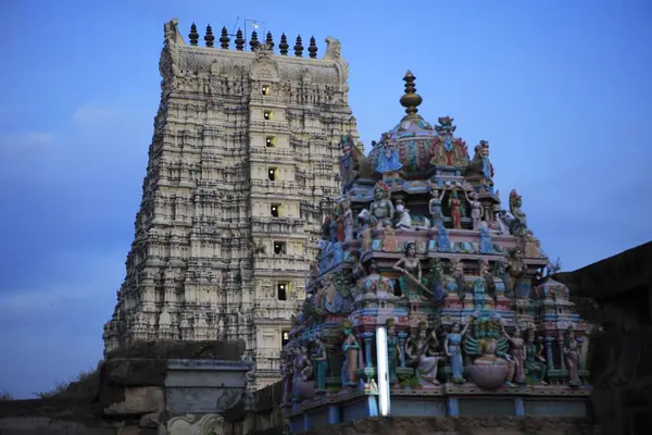 stock image Temple corridor of Sri Ramanathaswamy temple one of the twelve Jyotir Lingas, Rameswaram small island in Gulf of Mannar, Tamil Nadu, India 