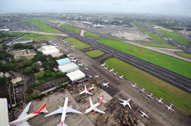 aerial view of runway with hangar of air india at chhatrapati shivaji international airport, Sahar, Bombay Mumbai, Maharashtra, India  clipart