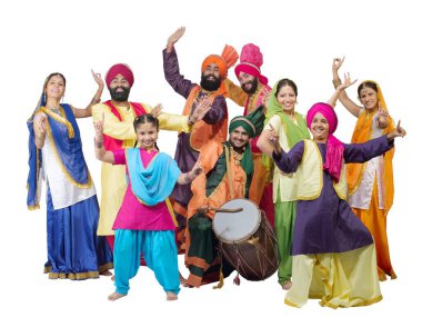 Dancers with sikh family performing folk dance bhangra   clipart