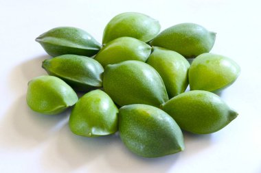 Beyaz arkaplanda yeşil badem (Prunus dulcis)