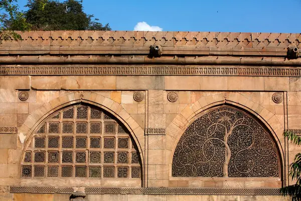 Stock image Jali work depicting palm trees with carved tendrils on windows of Sidi Sayed mosque in Ahmedabad, Gujarat, India 