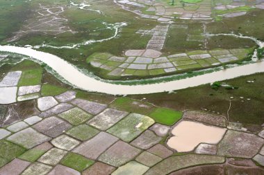 An aerial view of farming land immersed in water flood rocked in Raigad , Maharashtra , India On July 26th 2005 clipart