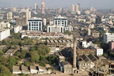 Parel, Bombay, Mumbai, Maharashtra, Hindistan 'daki eski değirmenlerin hava manzarası. 