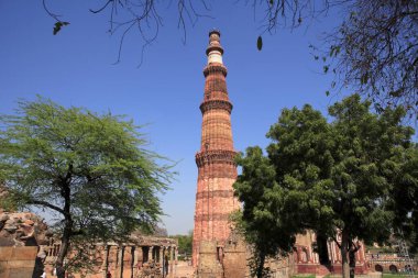 Kutub Minar 1311 kırmızı kumtaşı kulesinde inşa edildi, Delhi, Hindistan UNESCO Dünya Mirası Bölgesi