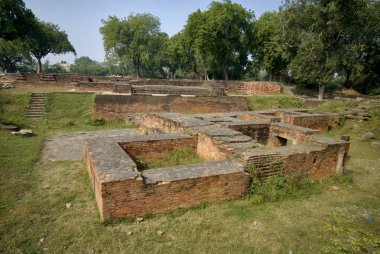 Dhamekh stupa yakınlarındaki harabe manastırlar, Sarnath, Varanasi, Uttar Pradesh, Hindistan