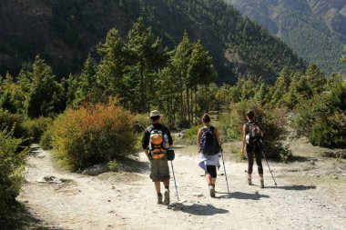 Nepal dağlarında yürüyüş yapan insanlar. Seyahat gezisi 