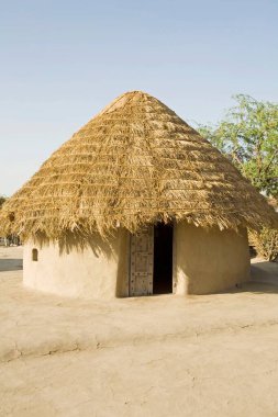 Çamur duvarları ve sazdan konik çatısı olan geleneksel Bhunga dairesel evleri, Kutch, Gujarat, Hindistan