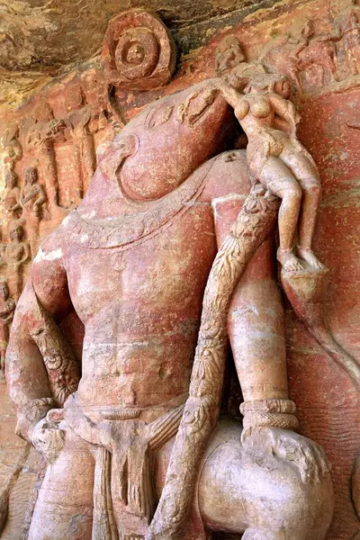 stock image Cave cut into sandstone hill 5 kms from vidish gupta shrines no 5 showing Vishnu in boar incarnation topped with frieze of gods, Udaygiri, Bhopal, Madhya Pradesh, India 