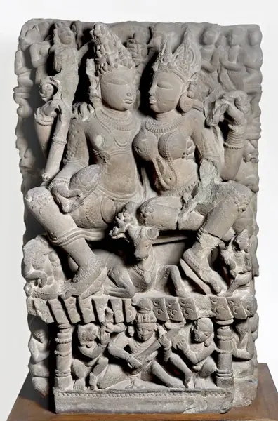 stock image Uma Maheshwar Ravnanugrah 11th century AD Shaiv cult, Kalchurian period found at Jabalpur, Madhya Pradesh, India 