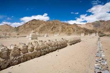 Shey, Ladakh, Jammu ve Kashmir, Hindistan 'daki tipik soğuk çöl çorak arazisindeki Budist aptallar.