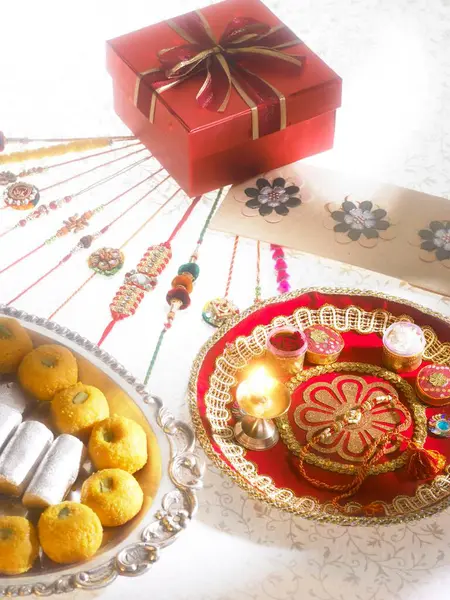 Stock image Rakhis sweets chocolates and gift box on Rakshabandhan festival